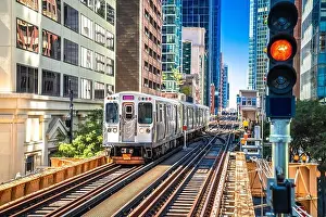 Chicago L elevated rapid transit system station and train view, Illinois, USA