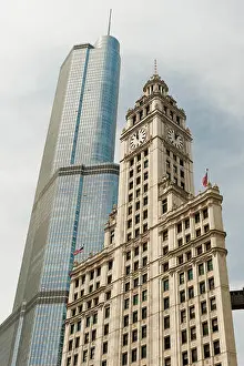 Trump Prints: Chicago landmarks, low angle view of Trump Tower and Wrigley Building in downtown Chicago