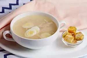 Soup Prints: Chicken clear broth with quail eggs and crackers