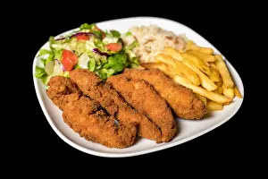 Fastfood Prints: Chicken Goujons served with rice, salad and french friends on plate