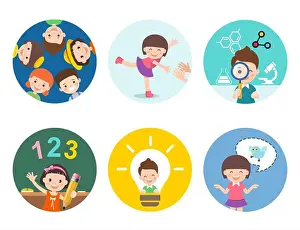 Children Playing Prints: Child Education Vector. Happy Childrens Activity