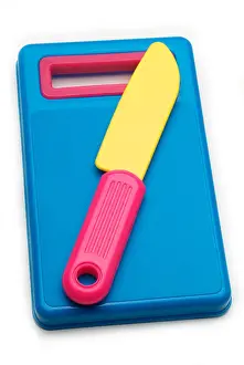 Pretend Prints: child play toy plastic chopping board blue pink knife yellow cook kitchen prepare learn educate educational infant