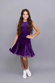 Waltz Prints: child in purple dance dress. dancing school. full length of kid with frizz hair