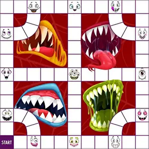 Board Game Prints: Children board game or puzzle vector template with Halloween monster mouths and faces