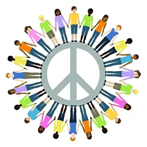 Joined Prints: children of different origin with peace symbol freedom concept vector illustration EPS10