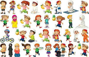 Boyhood Prints: Children doing different activities cartoon character set on white background illustration