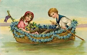 Kitsch Collection: Children in a forget-me-not-wreathed boat, (postcard)