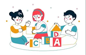 Graduation Prints: Children playing blocks - colorful line design style illustration with cartoon characters