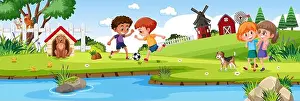 Alive Prints: Children playing in nature farm horizontal landscape scene at day time illustration