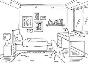 Nightstand Prints: Children room graphic black white home interior sketch illustration vector