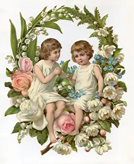 Ferns Prints: Children sitting on a display of Lily of the Valley, Roses, Forget-Me-Nots and Fern