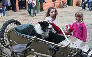Durham Prints: Children stroking dog in motorcycle sidecar Great North Steam Fair
