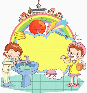 Preschooler Prints: children wash face and brush teeth in the morning