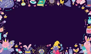 Girlish Prints: Childrens Magic party frame horizontal banner on dark-blue background