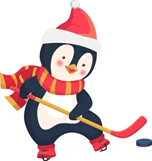 Hockey Prints: Childrens sports concept. Christmas penguin play ice hockey in the winter