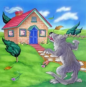 Hand Painted Prints: Children's story books-3 little pigs safe in brick housewolf huffing & puffing