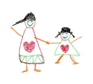 Connected Prints: child's Drawing by crayon. The Mother's Day