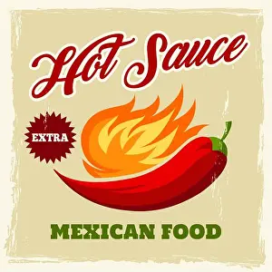 Chilli Prints: Chili sauce vintage Poster or label with chili pepper and hot flame