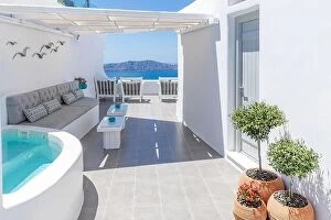 Images Dated 8th May 2019: Chill zone beach bed chair with sea view out over the caldera by the swimming pool, Santorini Oia