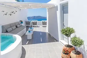 Careless Prints: Chill zone beach bed chair with sea view out over the caldera by the swimming pool