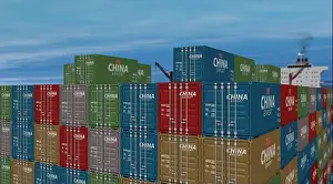 Shipment Prints: China export production and import containers on a cargo ship