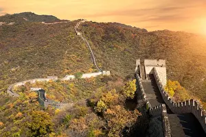 China The great wall distant view compressed towers and wall segments autumn season in mountains near Beijing ancient chinese fortification military l