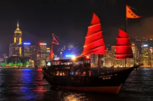 Nocturne Prints: China, Hong Kong, Junk At Night