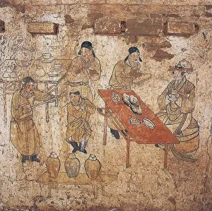 Mongolia Prints: China: Musicians and a lady feasting in a mural in the tomb of Han Shixun