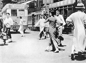 Tram Prints: China: Pedestrians and buses on a Shanghai Road