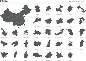 Infographics Prints: China region silhouettes set and blank map of the country isolated on white background