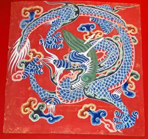 Tibet Prints: China/Tibet: Tibetan dragon. Oil on panel painting