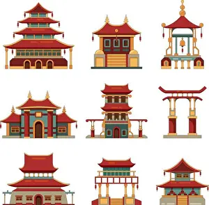 Traditional Culture Prints: China traditional buildings. Cultural japan objects gate pagoda palace vector cartoon collection of buildings