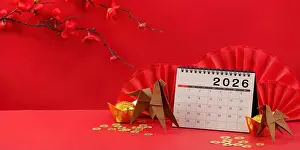 Festivities Prints: Chinese New Year 2026. Calendar with origami and gold decorations on red background