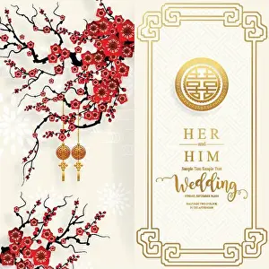 chinese oriental wedding Invitation card templates with beautiful patterned on paper color Background