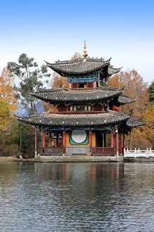 Roof Tiles Prints: A Chinese pagoda in the lake of Black Dragon Pool in Lijiang, Yunnan Province of China