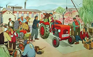 Chinese political poster depicting a group of collective farmers in Communist China. Circa 1960's