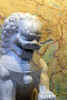 Guardian Prints: Chinese stone lion in front of an old map of China