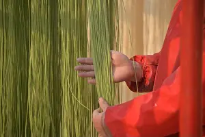 Noodle Prints: A Chinese villager airs colored noodles at a workshop in a village of Chiping county