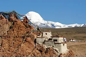 Side Prints: Chiu Gompa monastery, prayer flags in front of snow-capped Mount Kailash