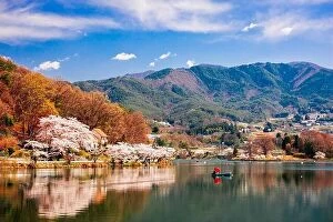 Images Dated 16th April 2017: Chiyoda Lake, Kofu, Yamanashi, Japan with spring foliage