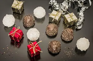 Valentines Day Prints: Chocolate with almonds and coconut balls for Christmas day with festive decoration