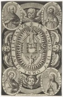 Cherubs Prints: Christ child standing on monogram of worship of the Christ Child (series title)