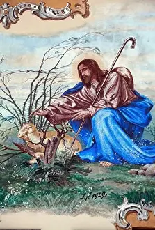 Crook Prints: Christ the good shepherd on a Lüftlmalerei on house facade in Mittenwald, Upper Bavaria