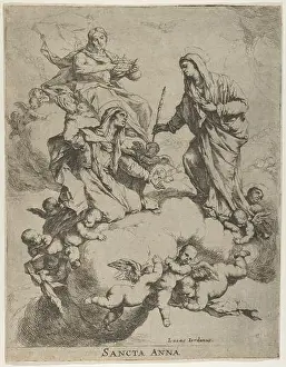 Mary Virgin Prints: Christ holding a crown at upper left and the Virgin receiving Saint Anne in Heaven at right