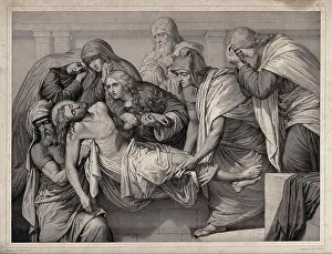 Holy Week Prints: Christ is laid into a tomb. Lithograph by M. Fanoli after E.R. Wehnert, 1849