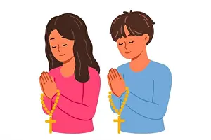 Christian children pray holding rosary with religious crosses and turning to god