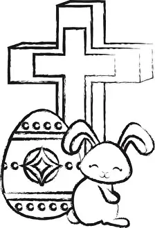 Easter Eggs Prints: Christian cross with easter egg and cute bunny over white background, vector illustration