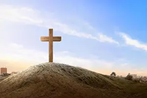 Forgiveness Prints: Christian Cross on the field with a blue sky background