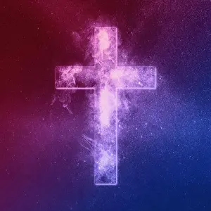 Christian Religion Prints: Christian cross symbol Red Blue. Abstract night sky background