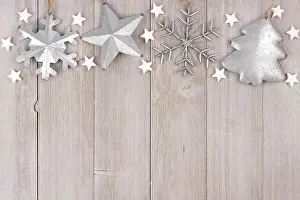 Bauble Prints: Christmas top border with shabby chic handmade clay and metal ornaments on a rustic wood background